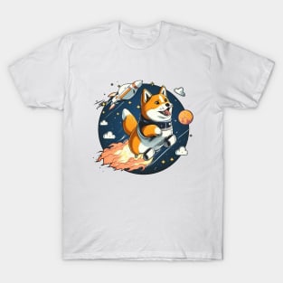 shiba inu flying into space with a rocket T-Shirt